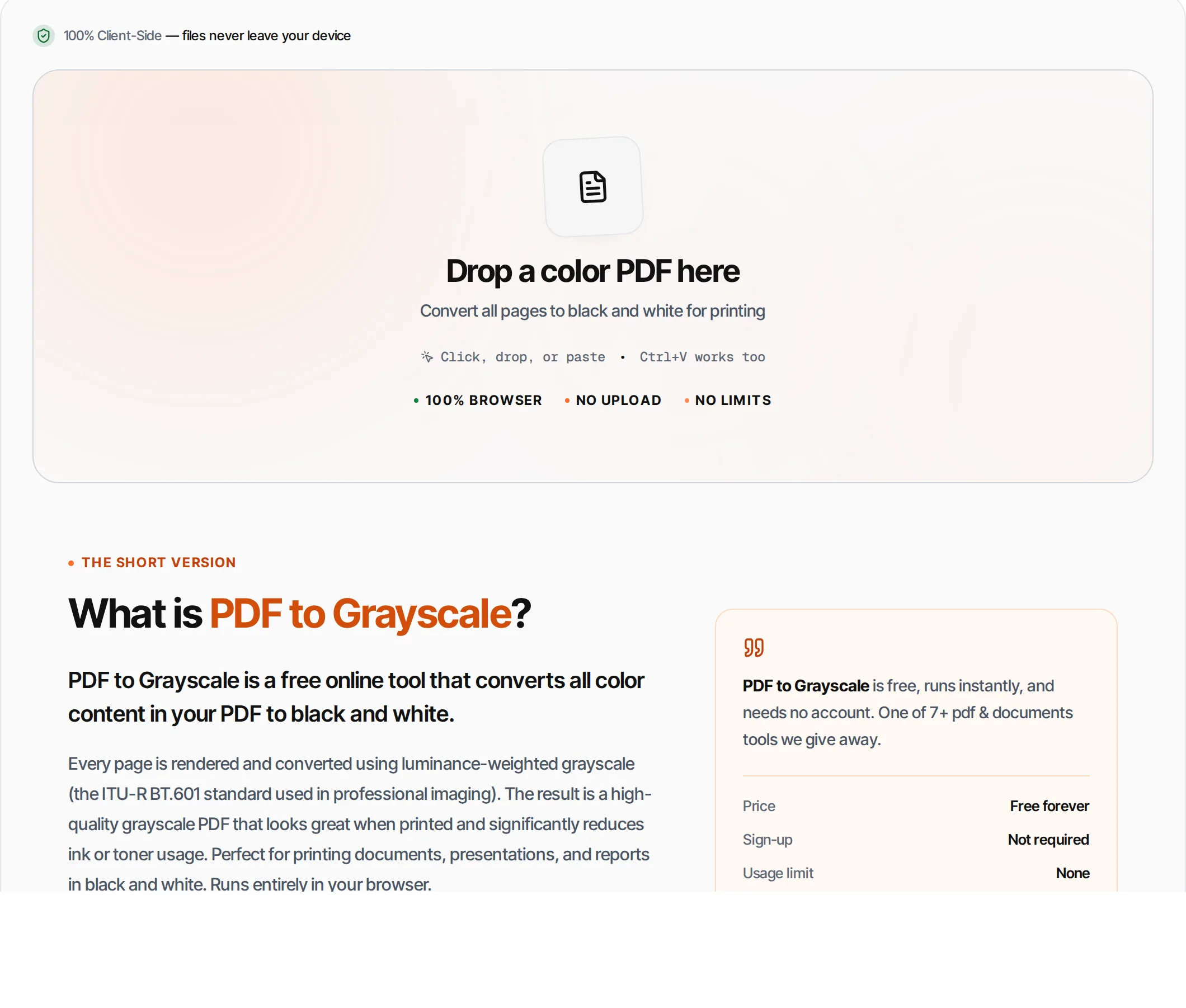 PDF to Grayscale showing a worked example — Convert color PDF pages to black and white. Save ink when printing.