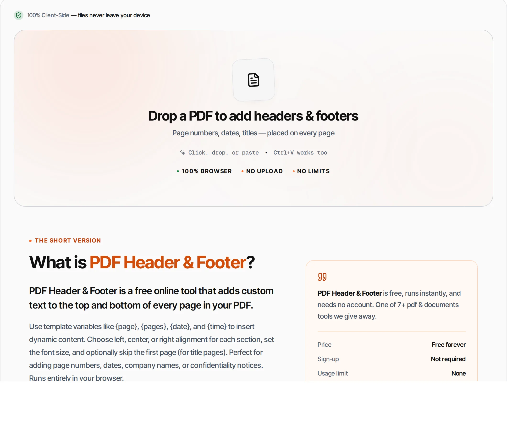 PDF Header & Footer showing a worked example — Add custom headers and footers to every page. Date stamps, document titles, company name, page numbers.