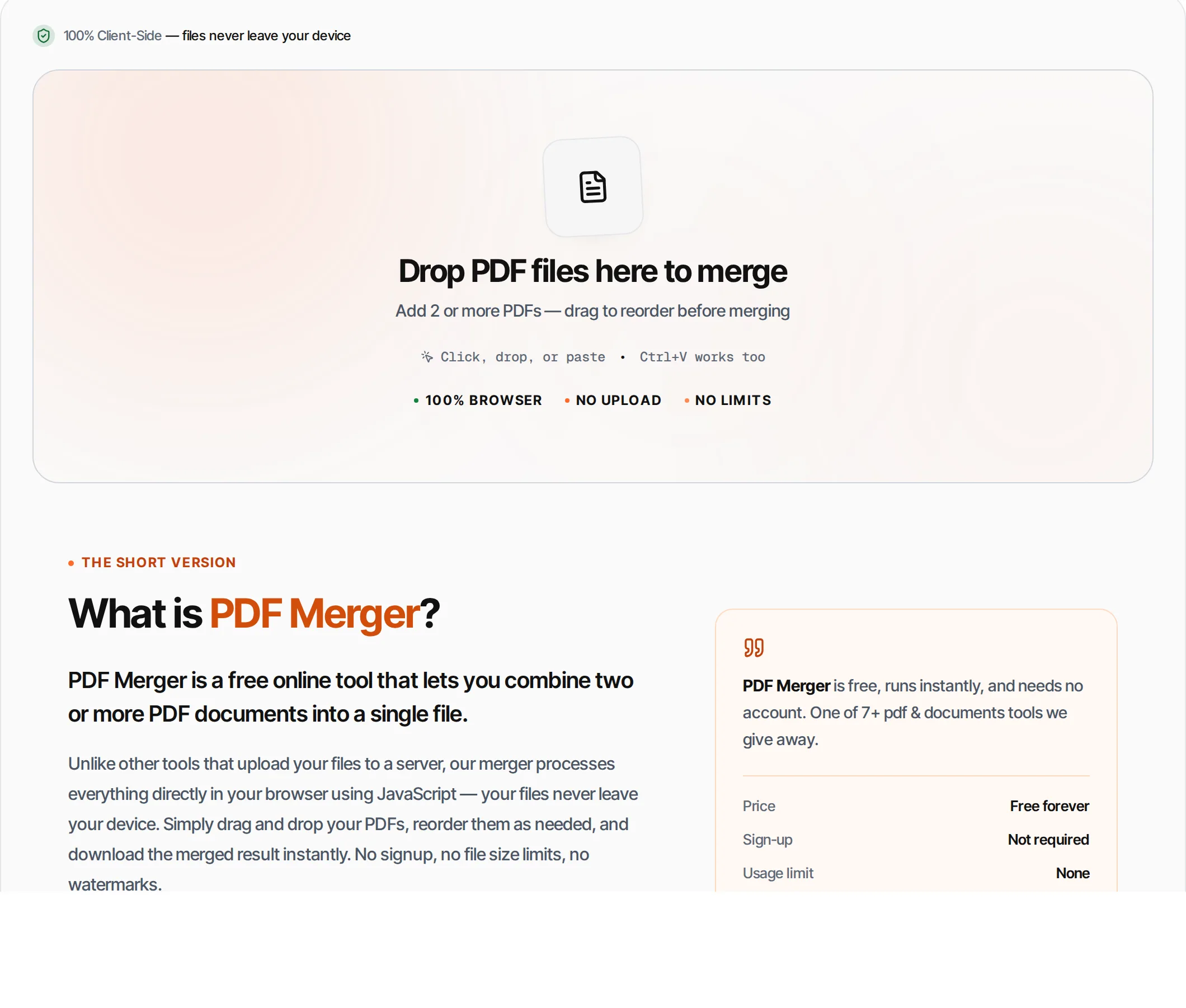 PDF Merger showing a worked example — Combine multiple PDF files into one document. Drag to reorder pages before merging. 100% browser-based.