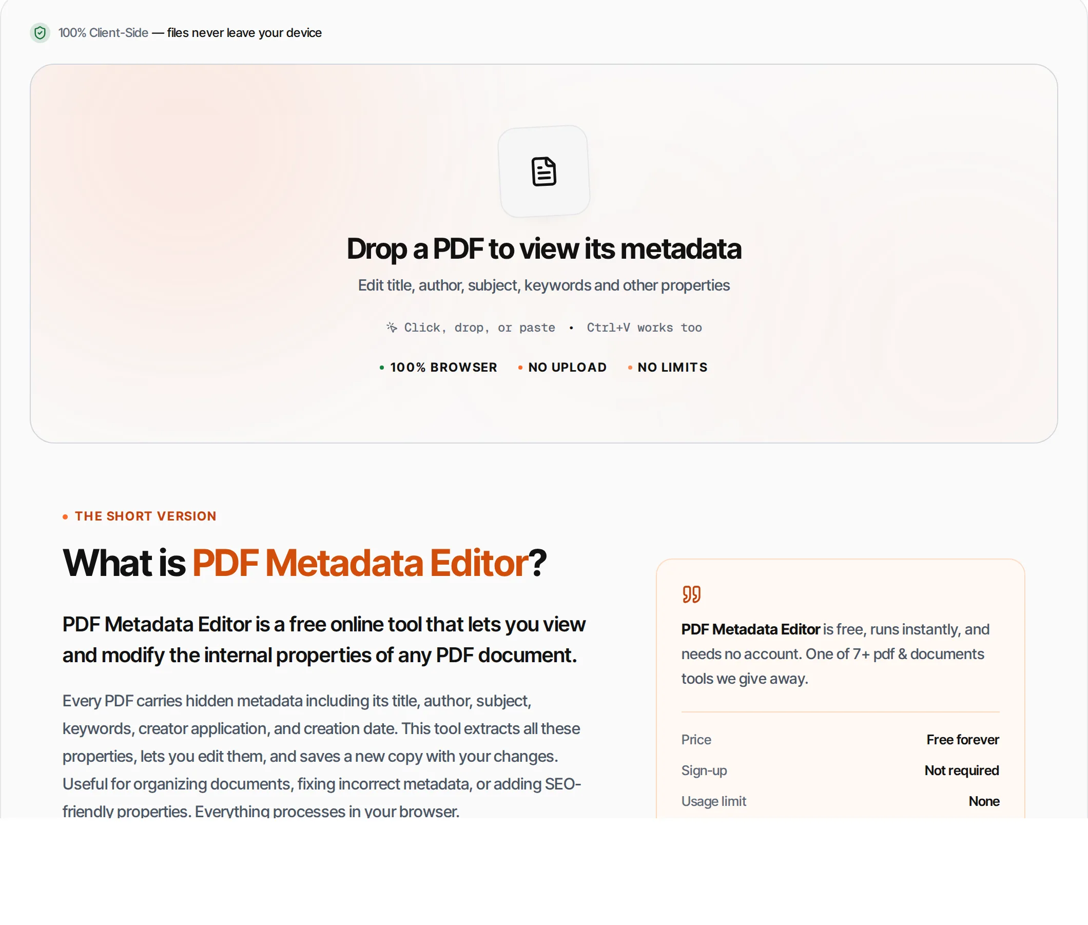 PDF Metadata Editor showing a worked example — View and edit PDF title, author, subject, keywords, creator and creation date.