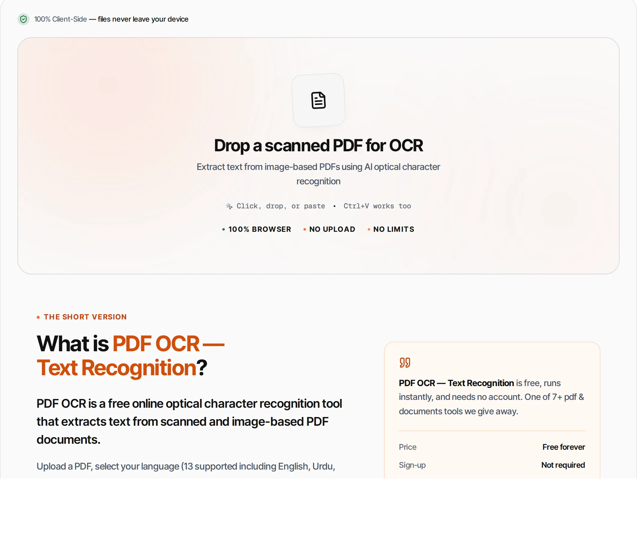 PDF OCR — Text Recognition showing a worked example — Extract text from scanned PDFs using AI-powered OCR. Convert image-based PDFs to searchable text.