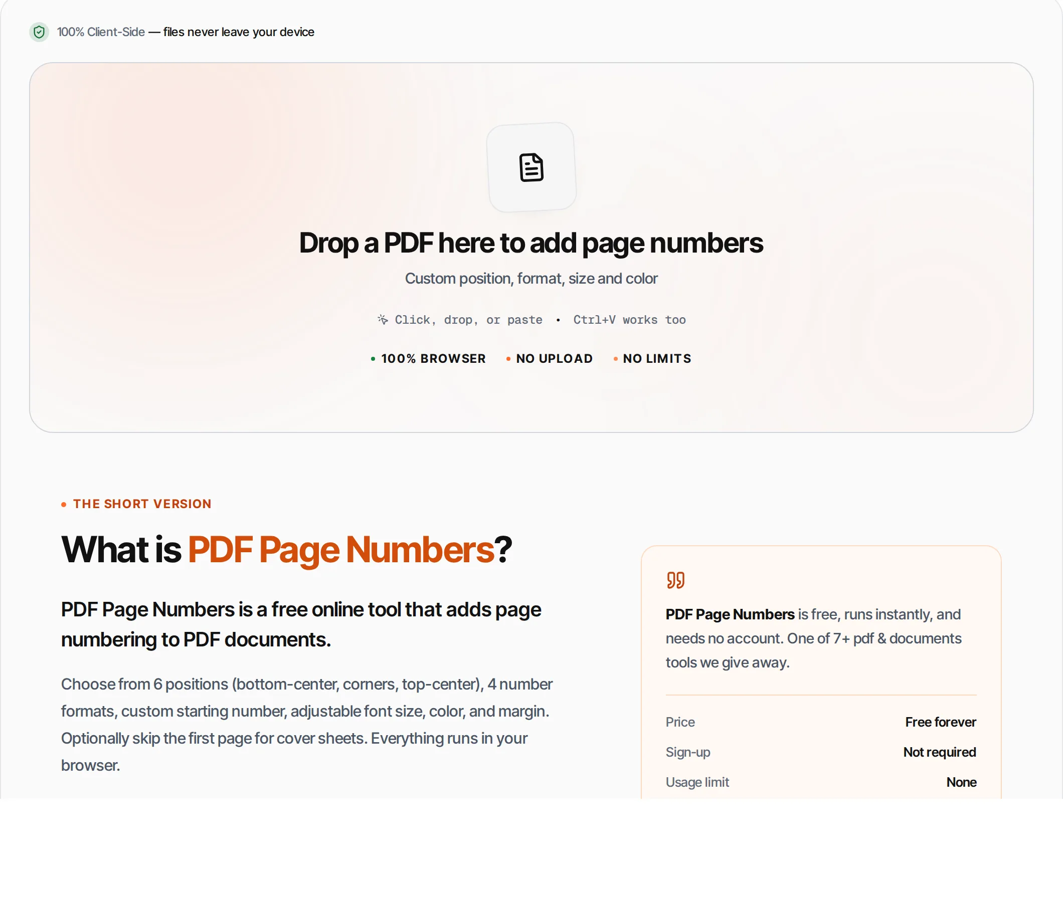 PDF Page Numbers showing a worked example — Add page numbers to any position on your PDF pages. Custom font, size and starting number.