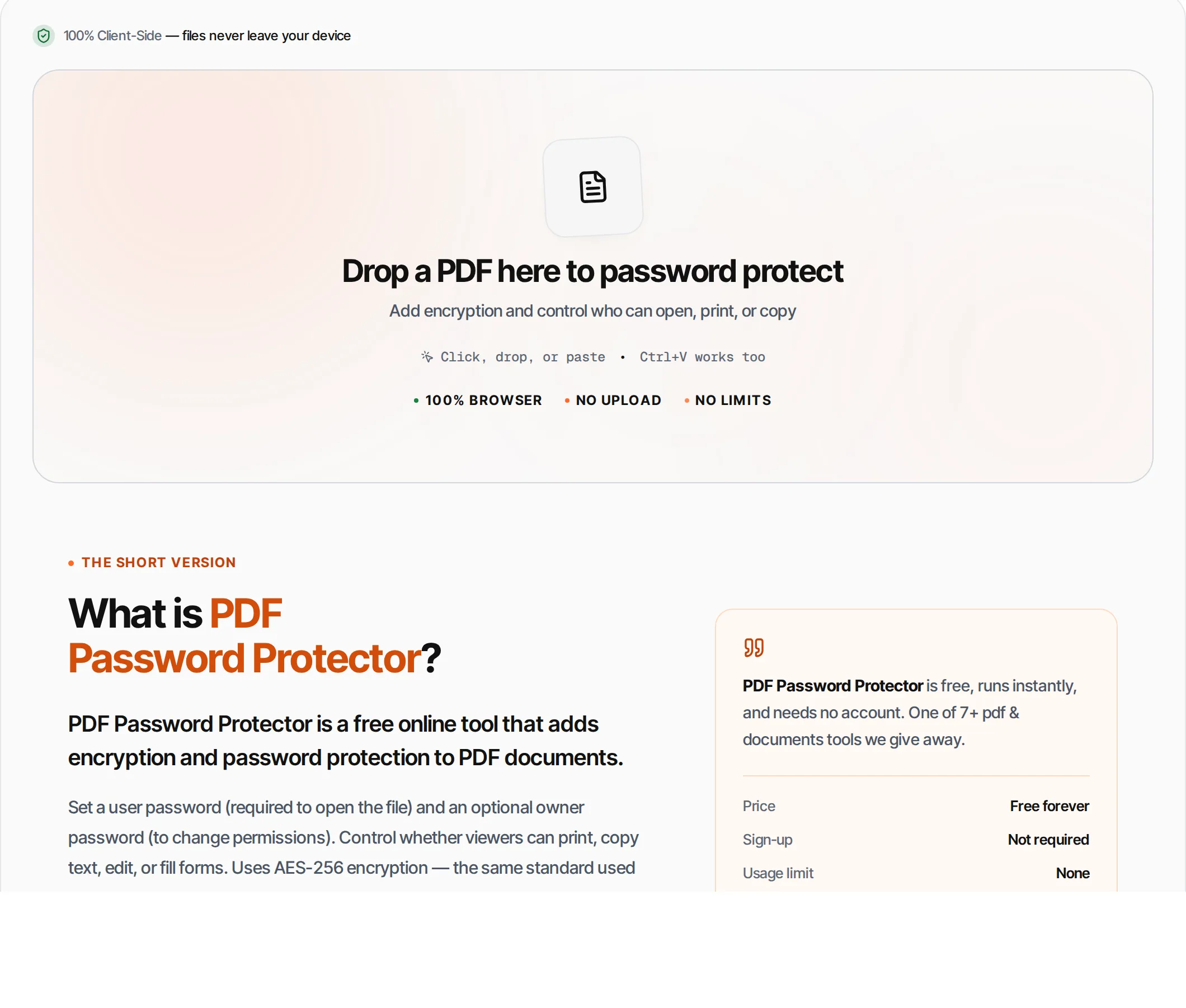 PDF Password Protector showing a worked example — Add password protection and AES-256 encryption to PDF files. Set permissions for printing and copying.