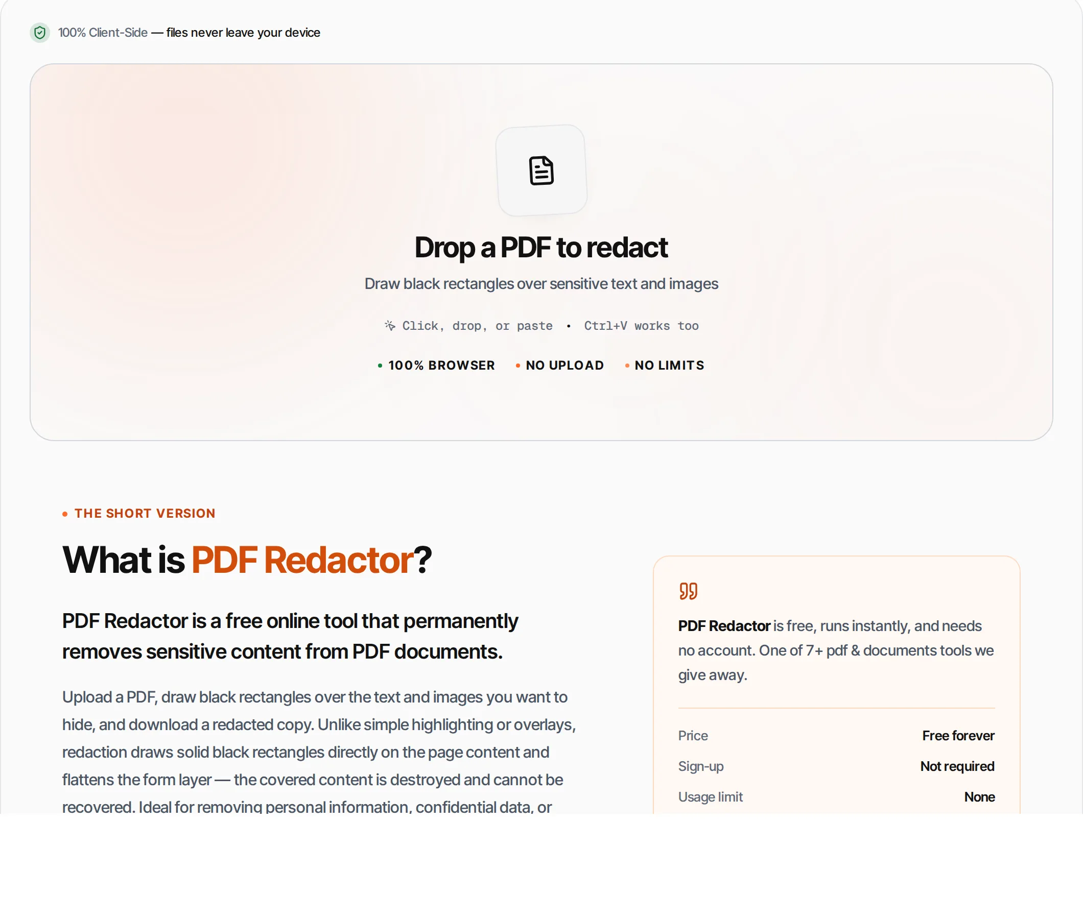 PDF Redactor showing a worked example — Delete sensitive text from a PDF instead of covering it — the characters are removed from the file, so they cannot be copied out.