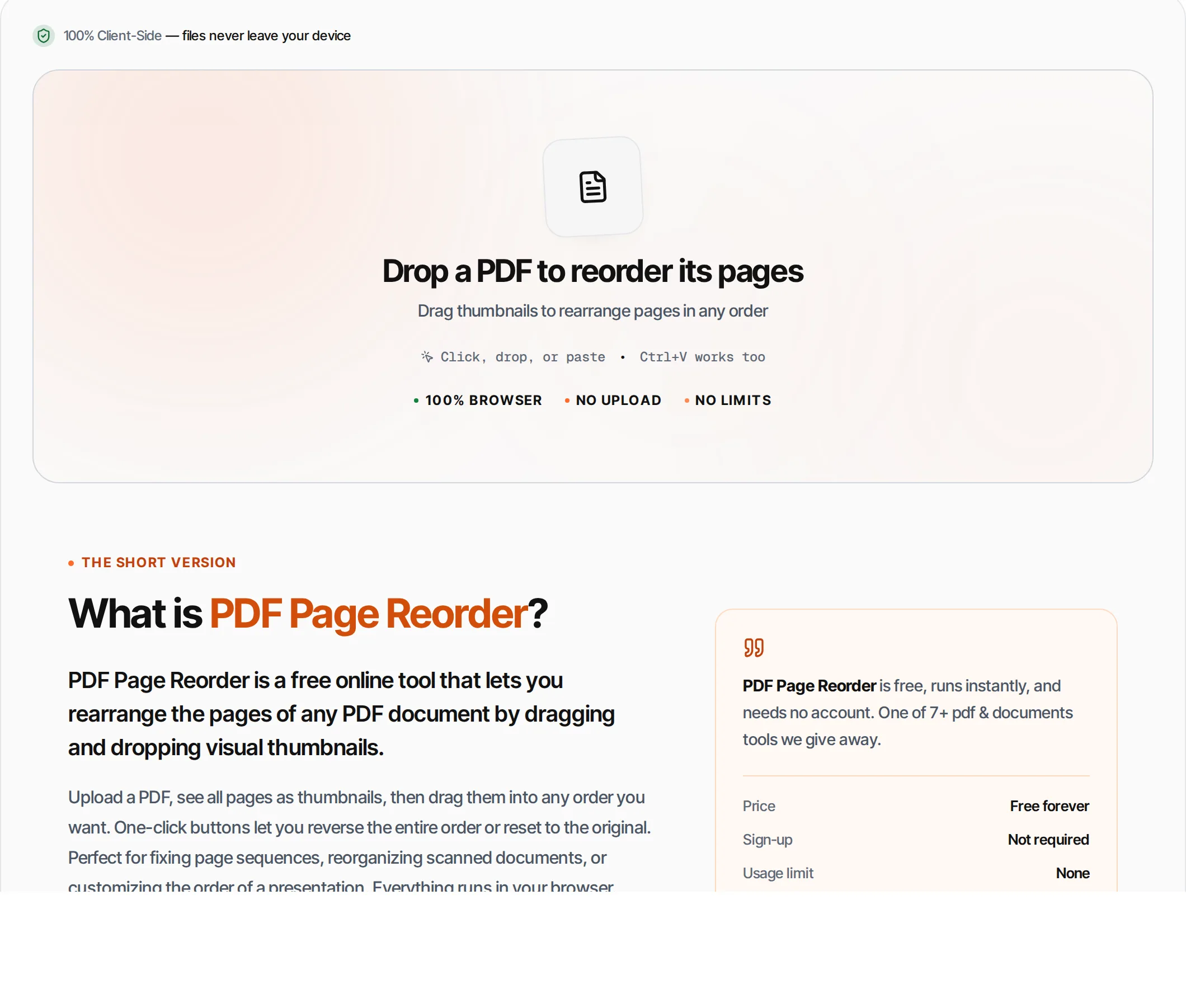 PDF Page Reorder showing a worked example — Drag and drop to rearrange PDF pages in any order. Visual thumbnails make it easy to organize.