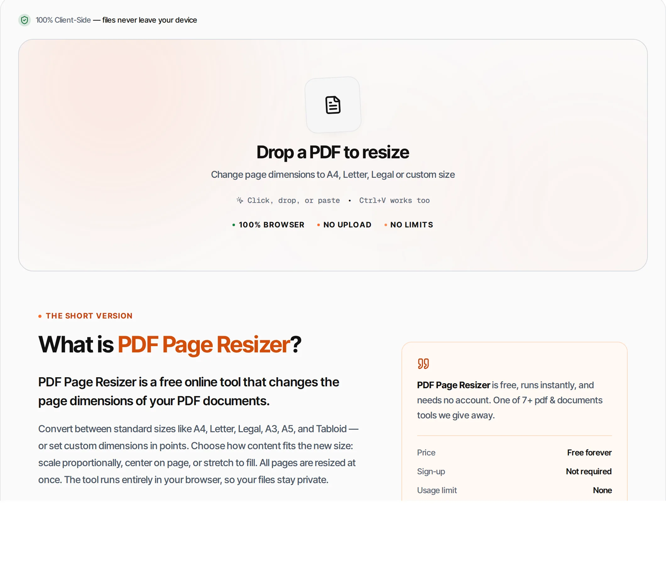 PDF Page Resizer showing a worked example — Change PDF page size between A4, Letter, Legal and custom dimensions. Fit or scale content.