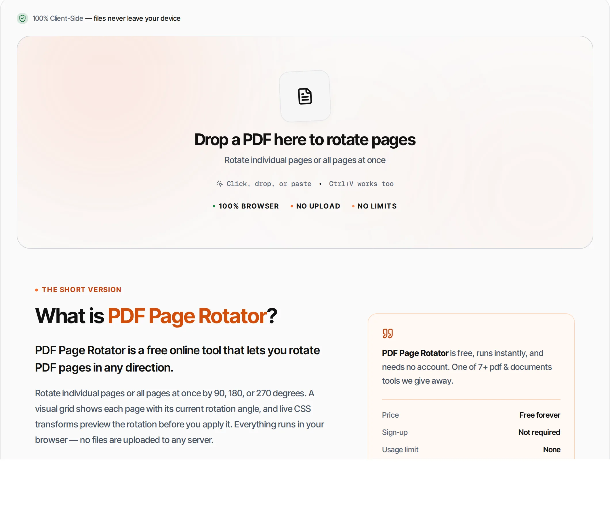 PDF Page Rotator showing a worked example — Rotate individual PDF pages or all pages by 90, 180 or 270 degrees. Visual page preview.