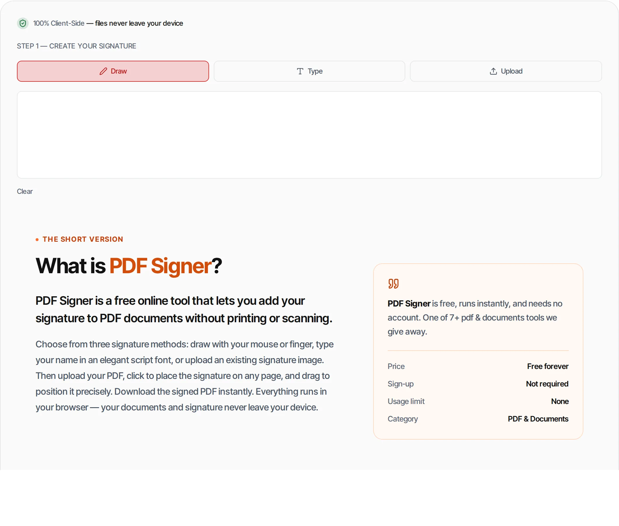 PDF Signer showing a worked example — Sign PDF documents by drawing, typing or uploading your signature. Place it anywhere on any page.