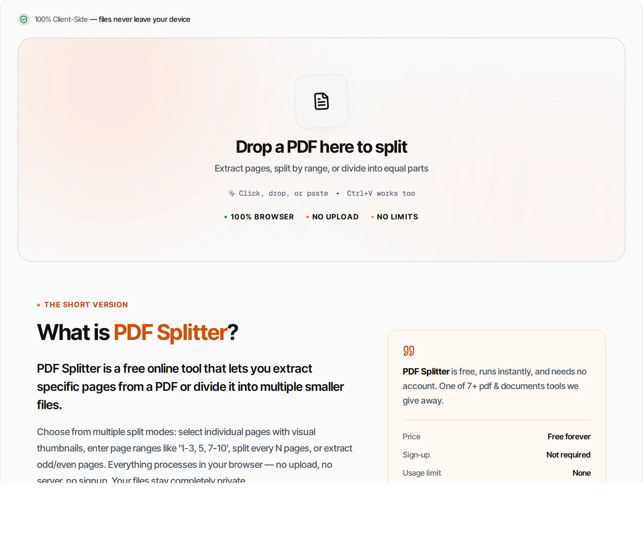 PDF Splitter showing a worked example — Split a PDF into individual pages or custom page ranges. Extract specific pages instantly.
