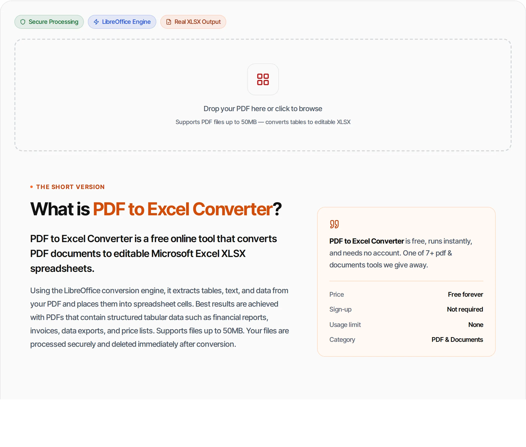PDF to Excel Converter showing a worked example — Convert PDF tables and data to editable XLSX spreadsheets. Preserves rows, columns and formatting.