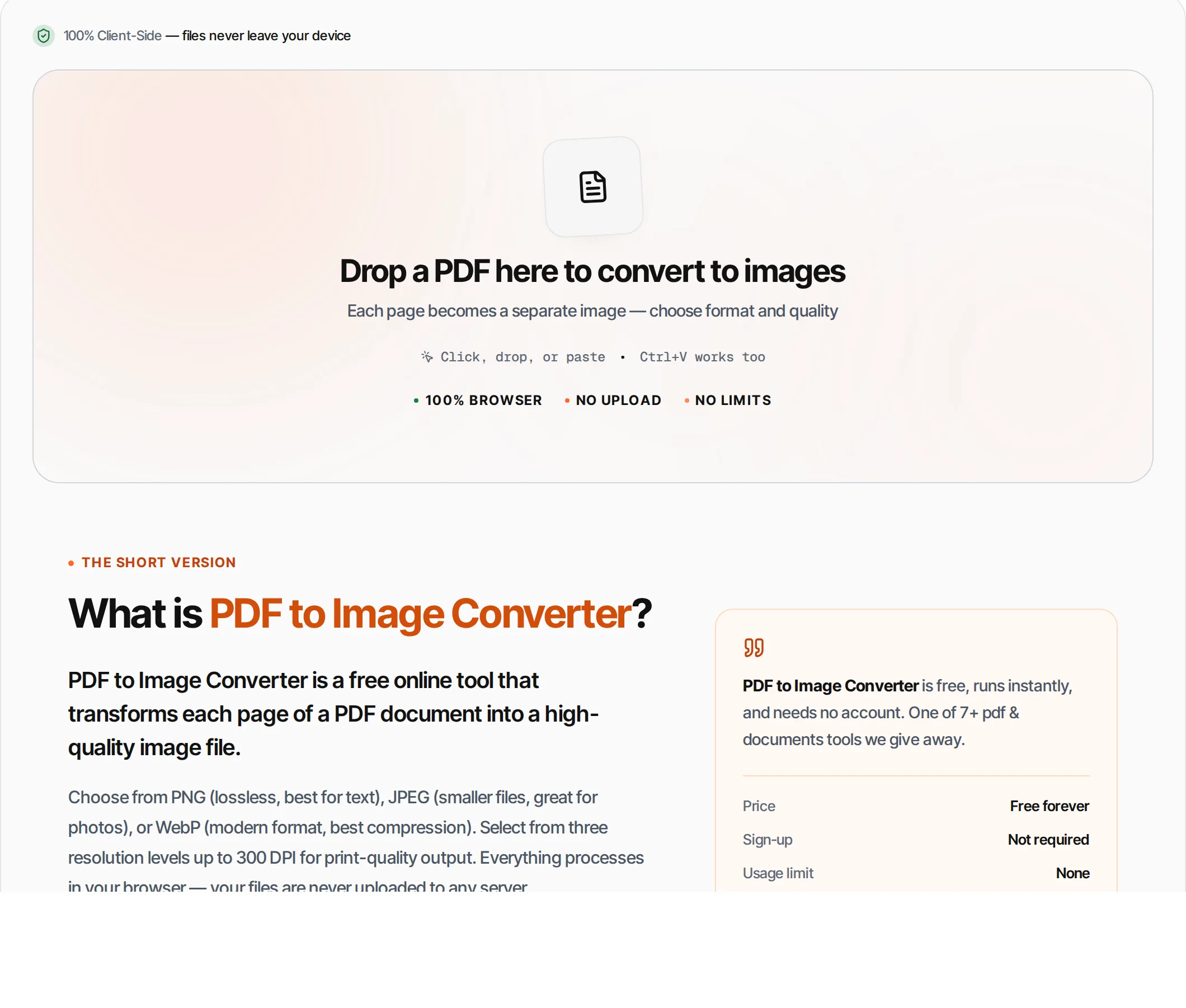 PDF to Image Converter showing a worked example — Convert PDF pages to high-quality PNG, JPEG or WebP images. Batch export all pages at once.