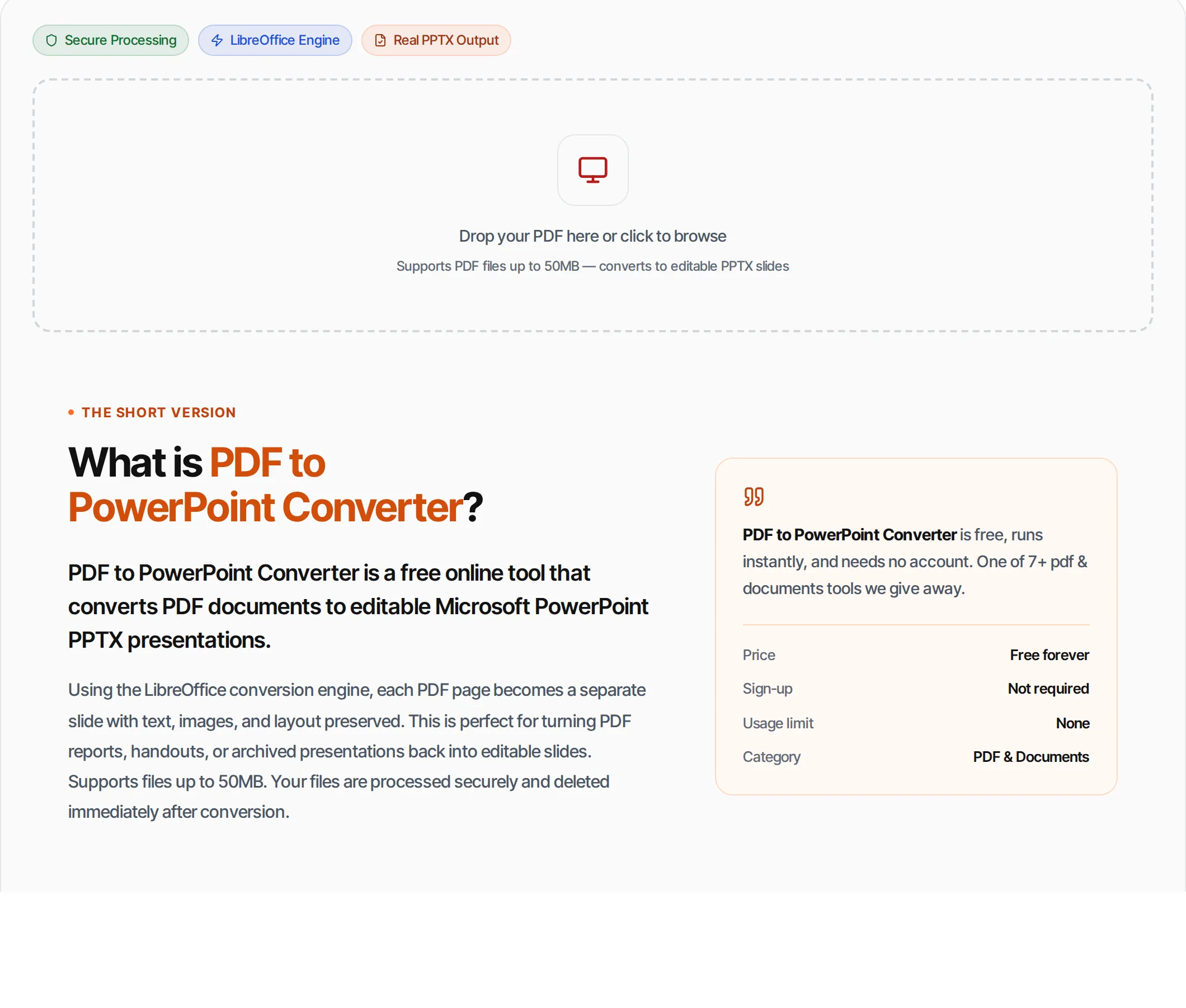 PDF to PowerPoint Converter showing a worked example — Convert PDF pages to editable PPTX slides. Each page becomes a slide with preserved layout.
