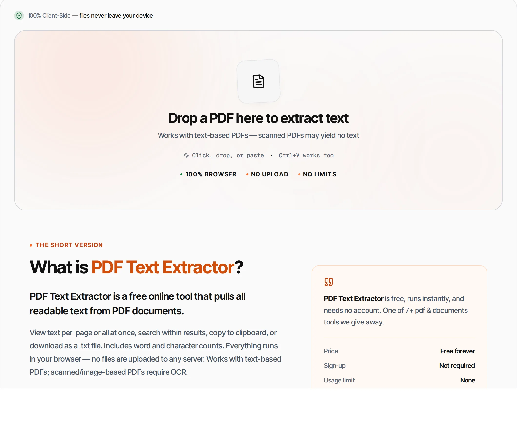 PDF Text Extractor showing a worked example — Extract all text content from PDF files. Preserves paragraphs and formatting structure.