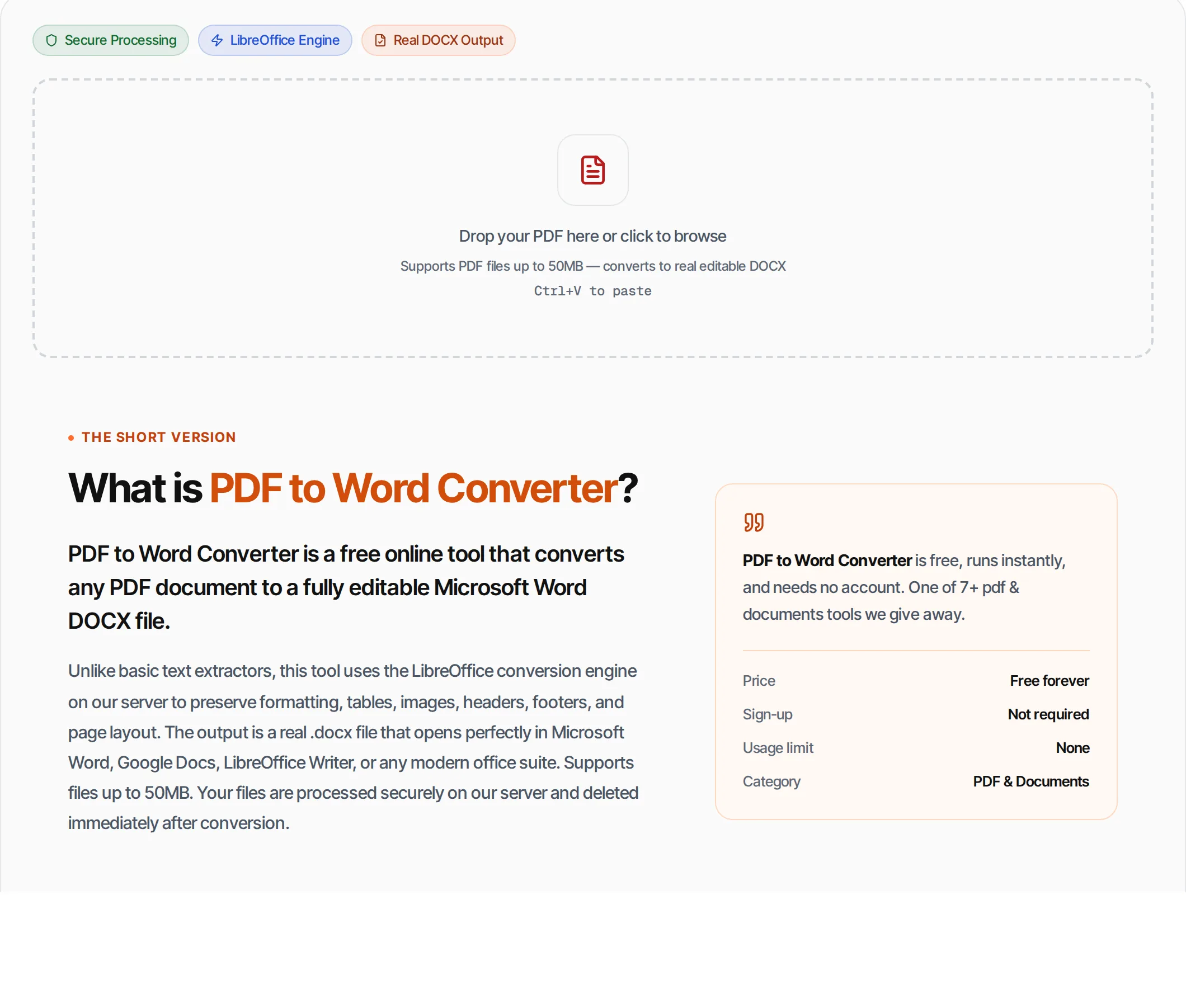 PDF to Word Converter showing a worked example — Convert PDF to fully editable DOCX. Preserves formatting, tables, images and layout — powered by LibreOffice.
