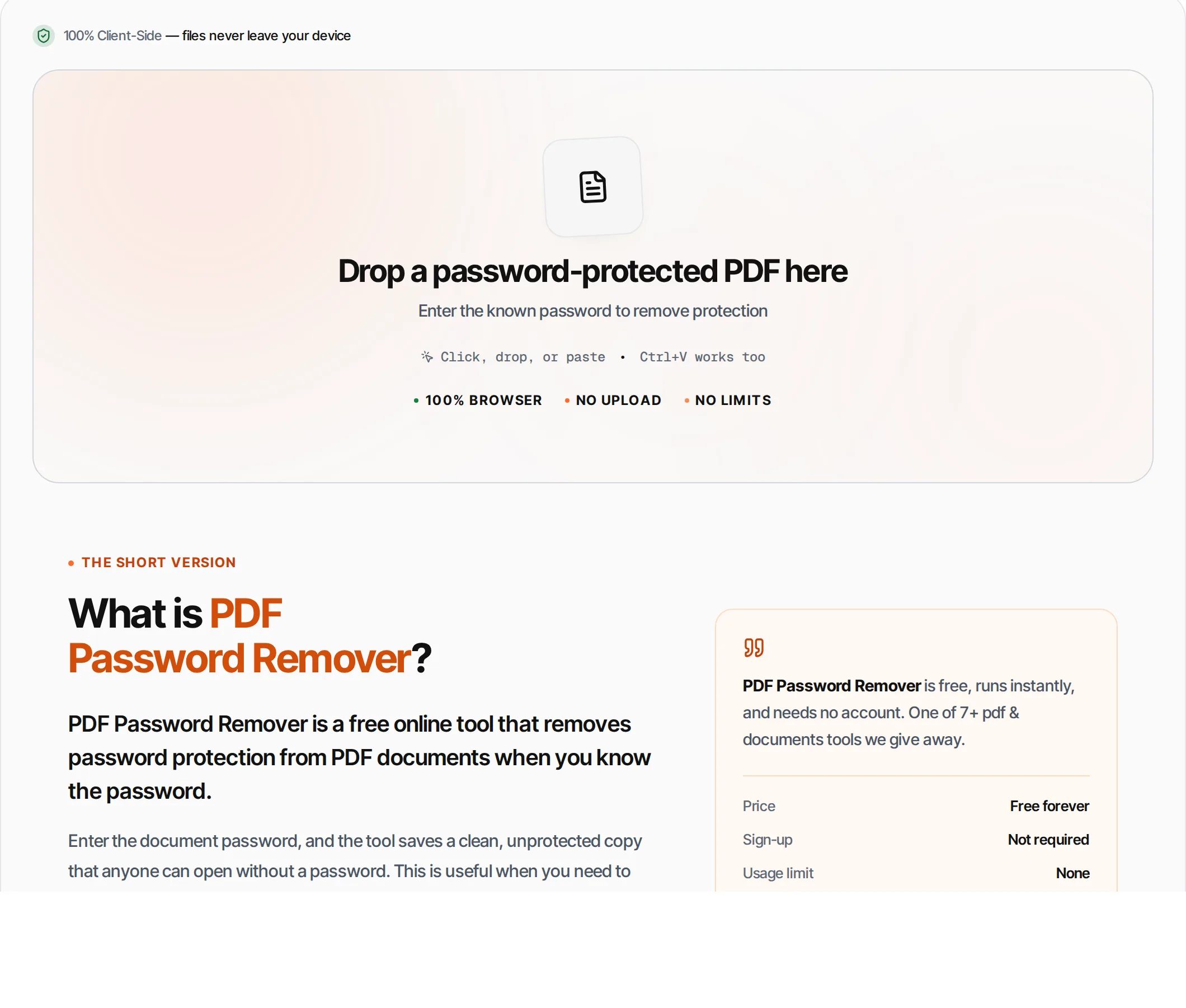 PDF Password Remover showing a worked example — Remove password protection from PDF files when you know the password. Decrypt and save clean copy.