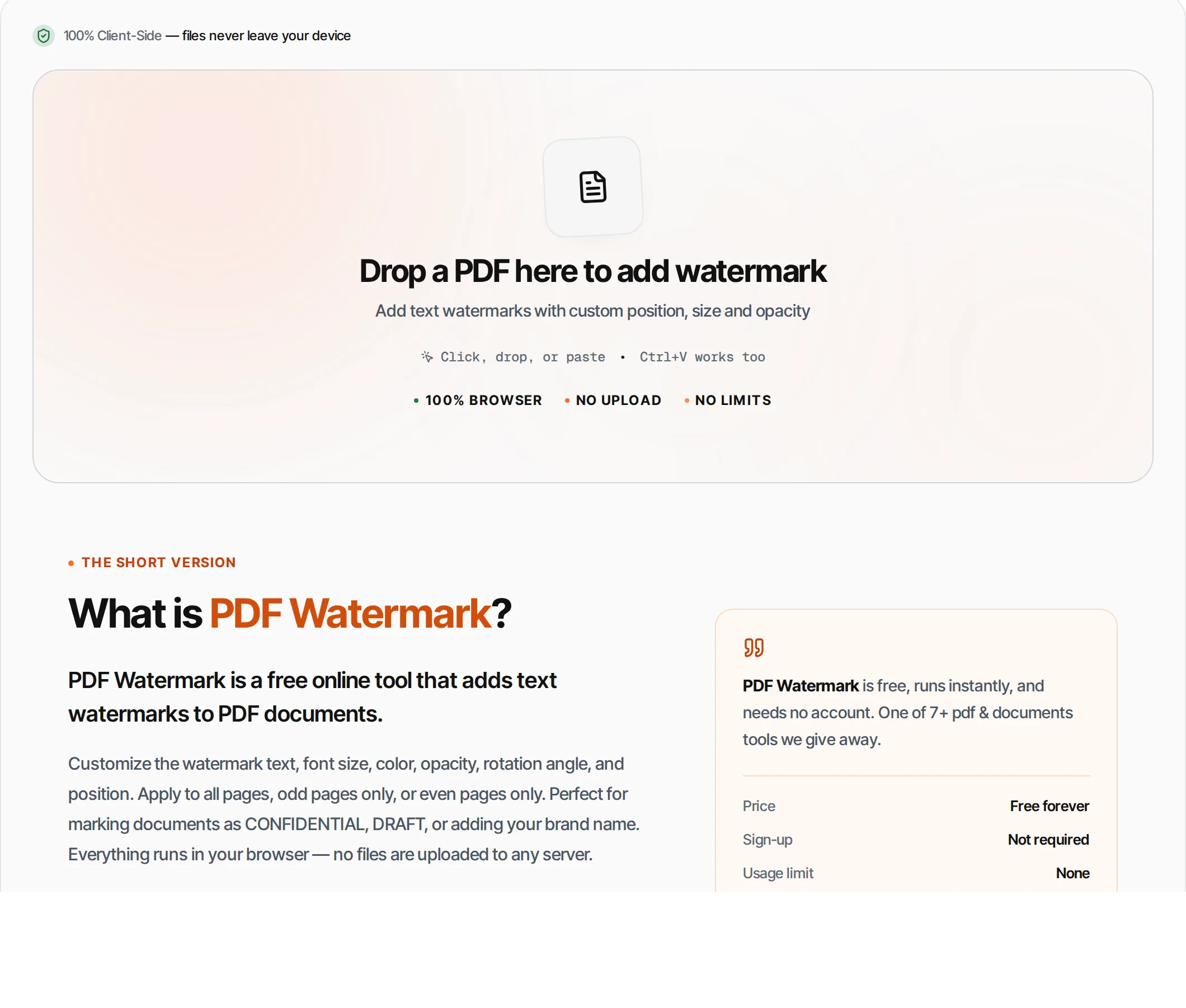 PDF Watermark showing a worked example — Add text or image watermarks to PDF pages. Custom position, opacity, rotation and color.