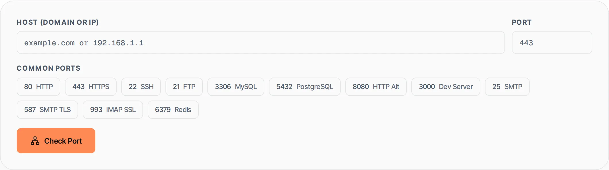 Open Port Checker showing a worked example — Check if a specific port is open on any host. Tests TCP connectivity with timeout detection.