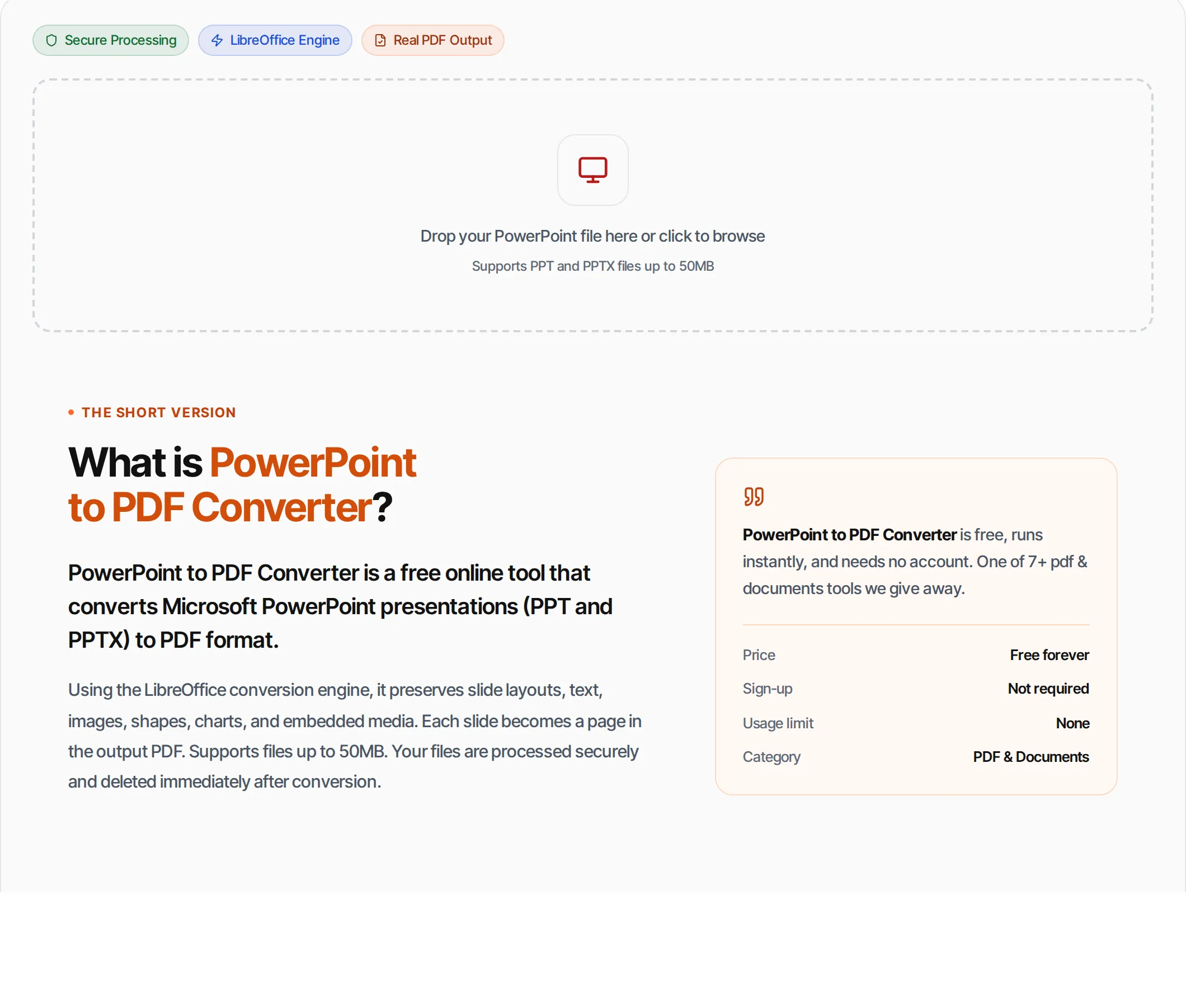 PowerPoint to PDF Converter showing a worked example — Convert PPTX and PPT presentations to PDF. Preserves slides, transitions and embedded media.
