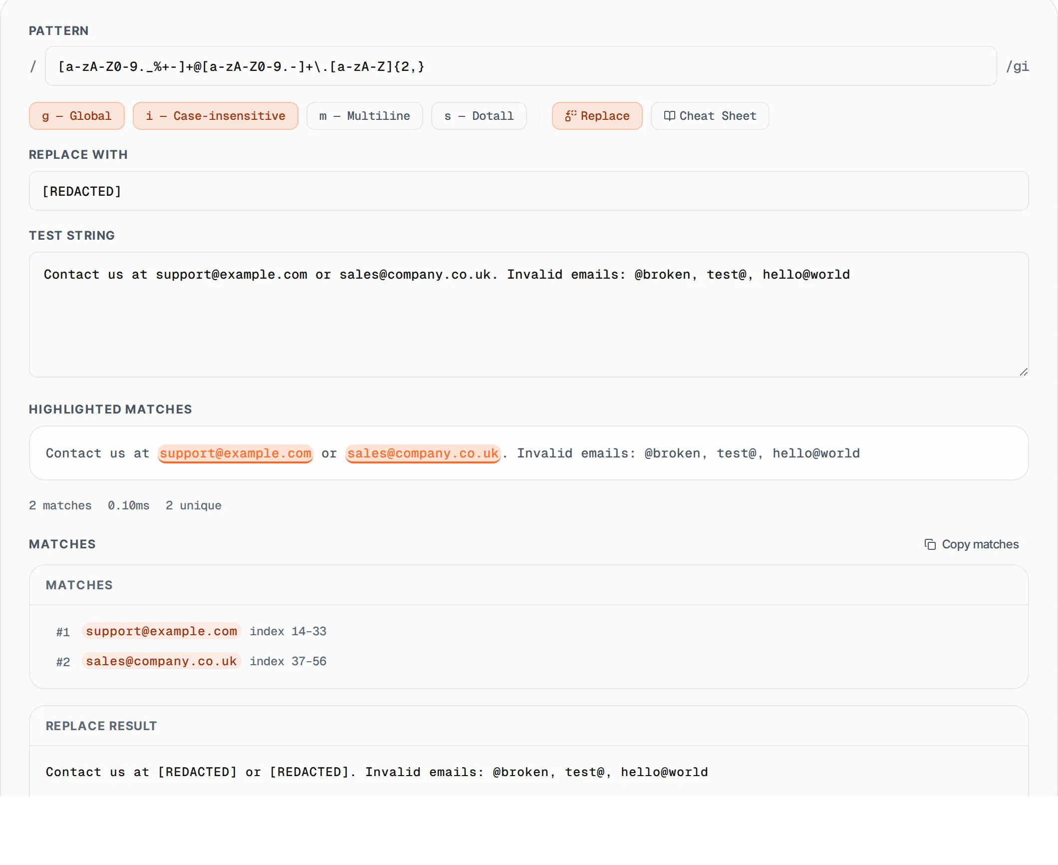 Regex Tester showing a worked example — Test regular expressions with live matching, capture groups and match highlighting.