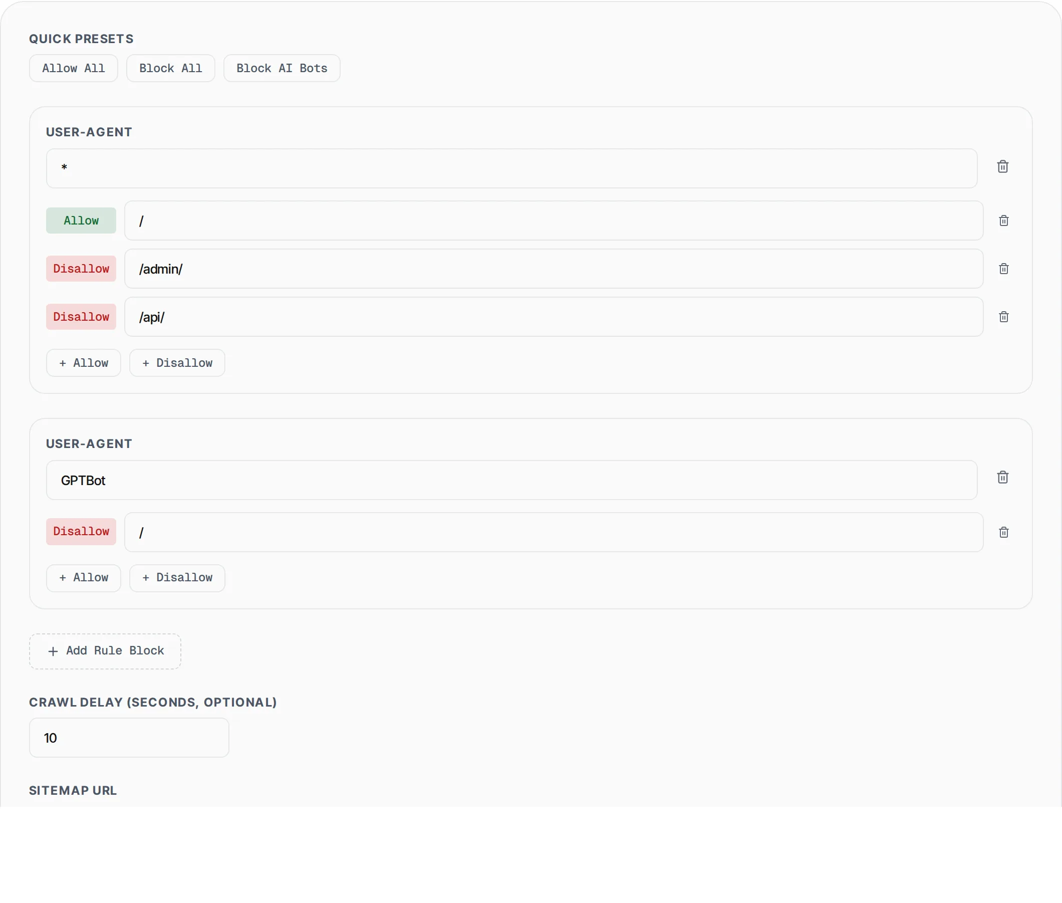 Robots.txt Generator showing a worked example — Build a robots.txt file with a visual editor. Add rules for any user agent.