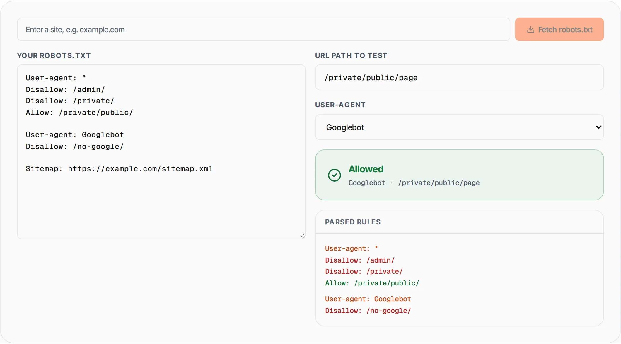 Robots.txt Tester showing a worked example — Paste your robots.txt and test if a URL is crawlable by any user agent.