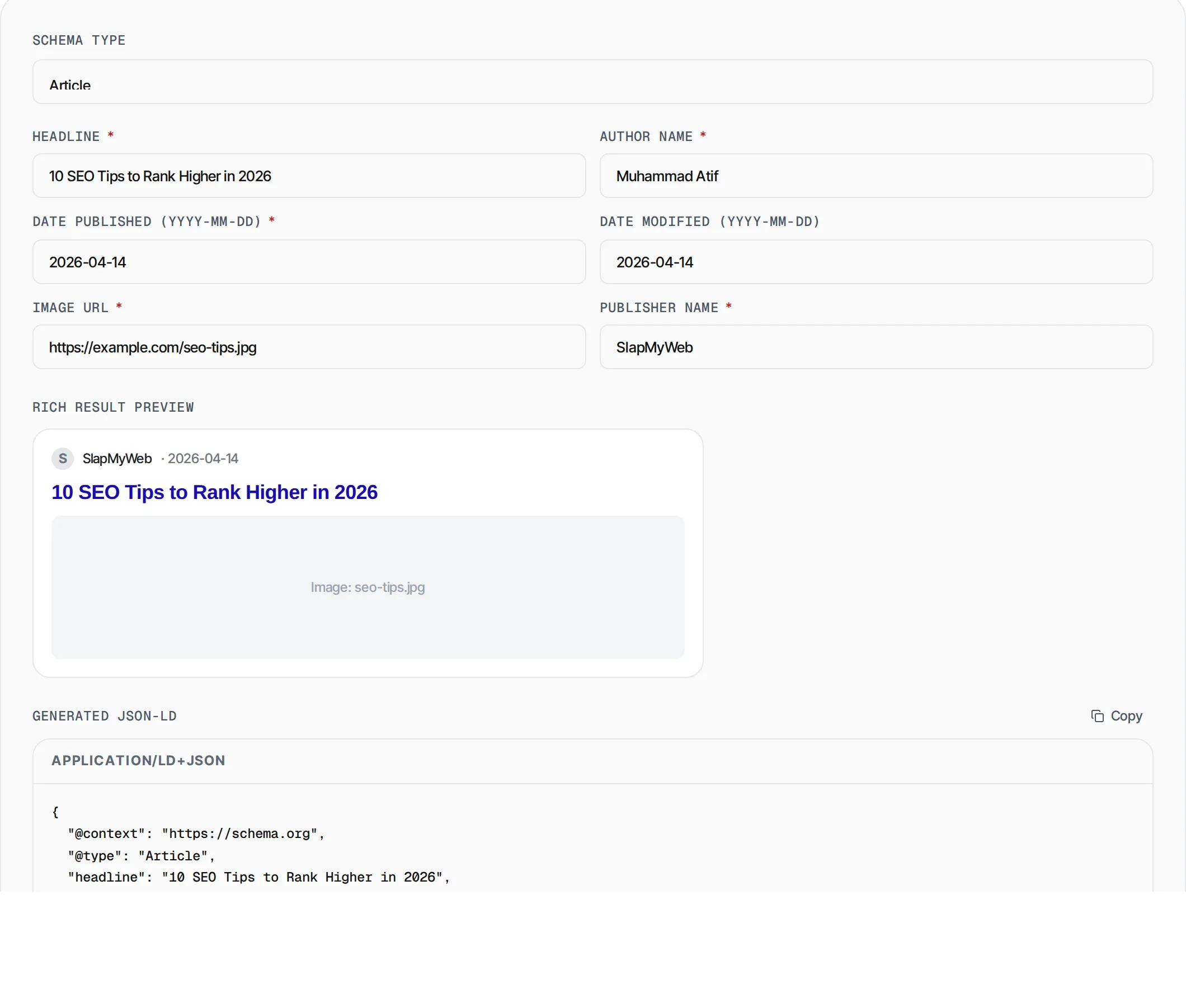 Schema Markup Generator showing a worked example — Generate JSON-LD structured data for 15+ schema types with a visual form builder.