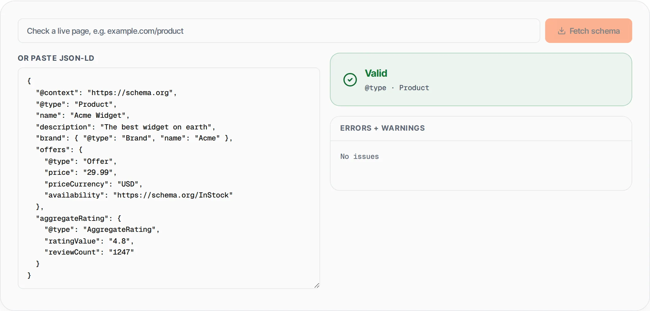 Schema Markup Validator showing a worked example — Validate JSON-LD structured data and check required fields per @type.