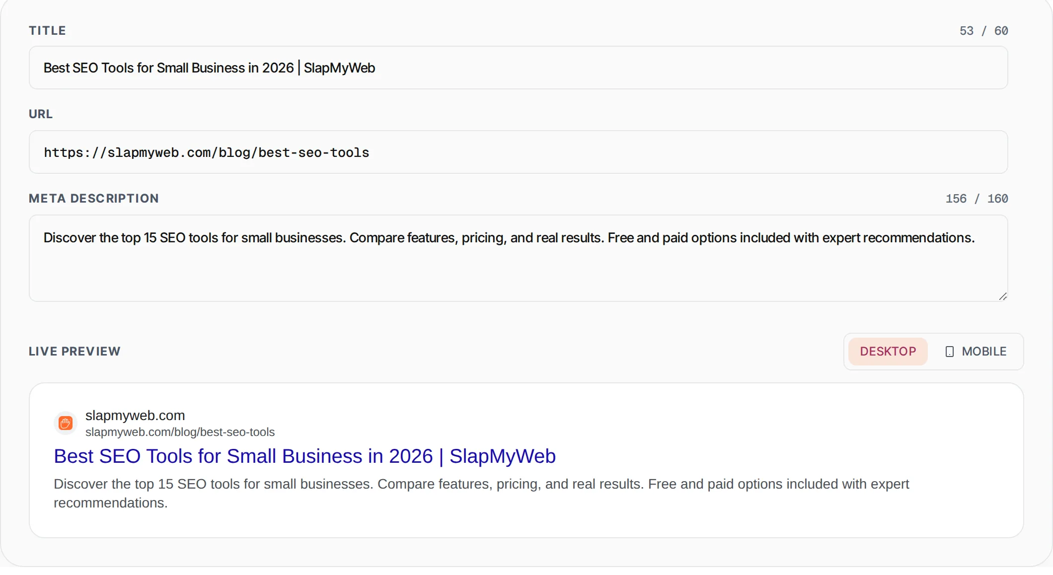 Google SERP Snippet Preview showing a worked example — See exactly how your page appears in Google search. Desktop + mobile views.