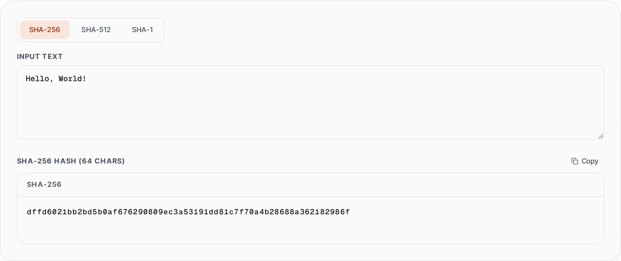 SHA Hash Generator showing a worked example — Generate SHA-256, SHA-512 or SHA-1 hashes using the native Web Crypto API.
