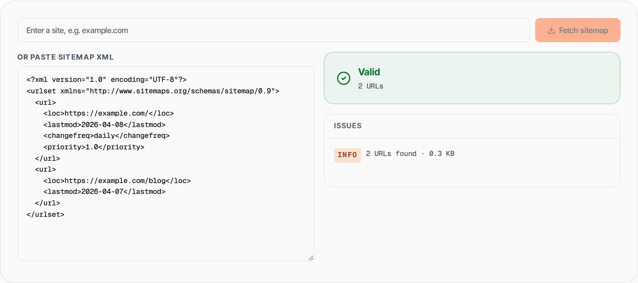 Sitemap.xml Validator showing a worked example — Validate XML sitemaps against the sitemaps.org spec. Catches duplicates.