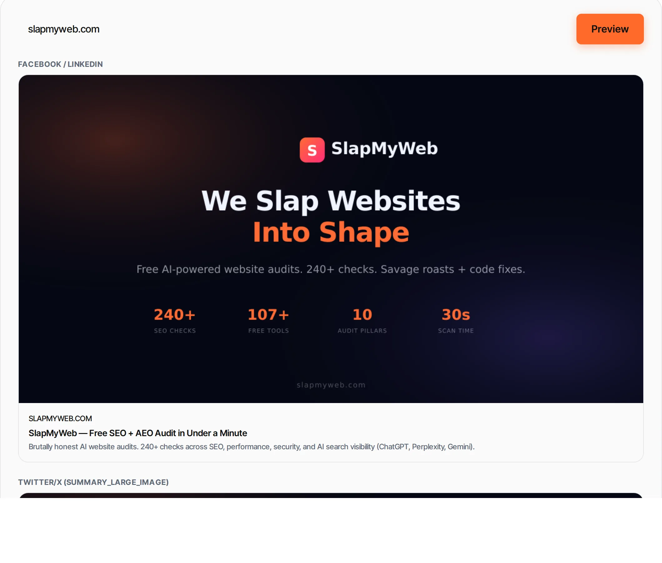 Social Media Preview showing a worked example — Preview how your link will look when shared on Facebook, Twitter and LinkedIn. Check Open Graph tags.