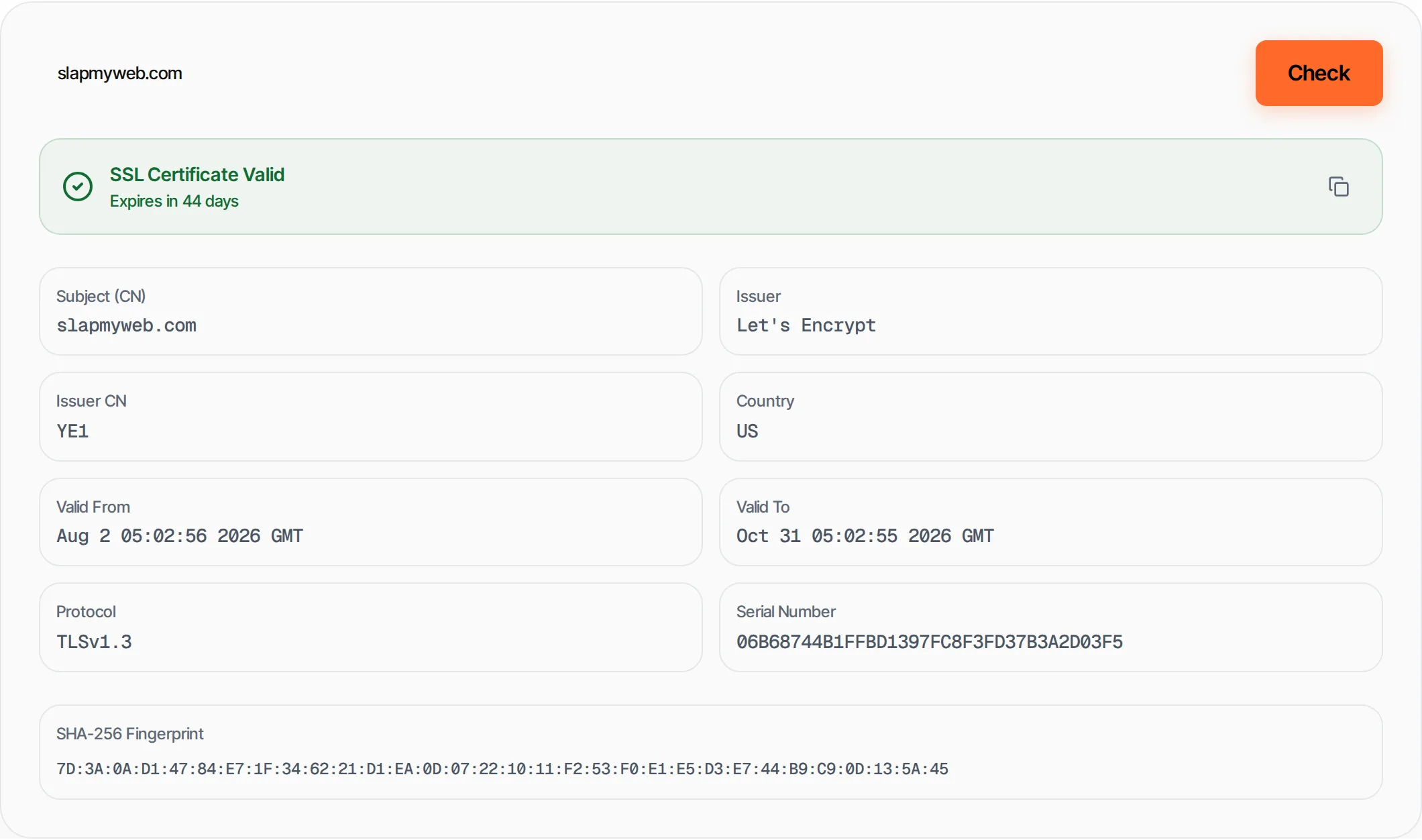 SSL Certificate Checker showing a worked example — Check SSL certificate expiry, issuer, chain and protocol for any domain. Verify HTTPS security.