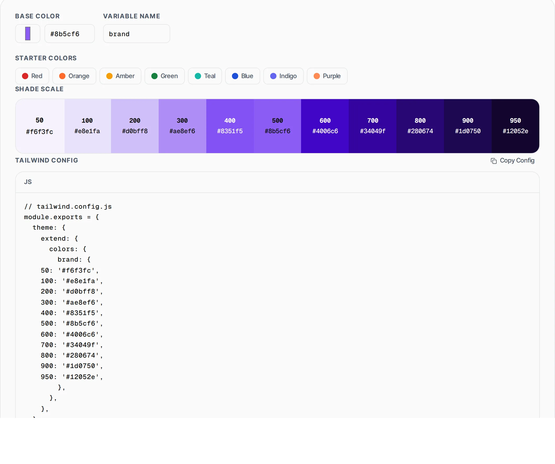 Tailwind Color Generator showing a worked example — Generate custom Tailwind CSS color palettes from any base color. Full 50-950 shade scale.