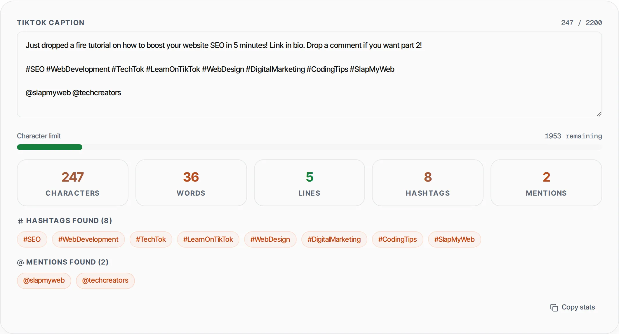 TikTok Character Counter showing a worked example — Count characters for TikTok captions with 2200 limit. Shows remaining chars and hashtag count.