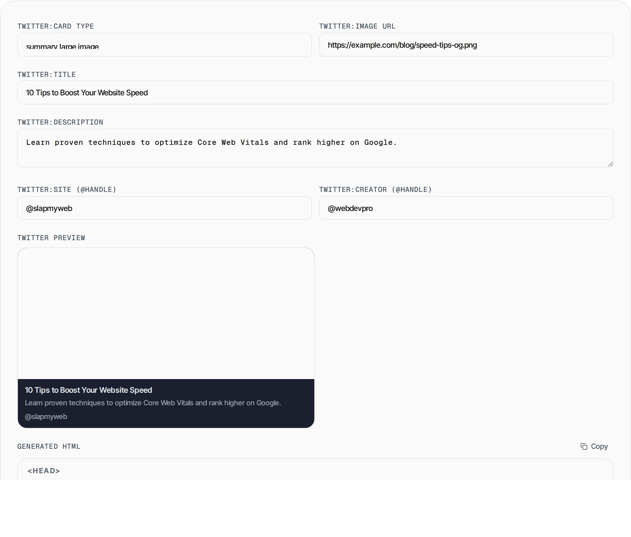 Twitter Card Generator showing a worked example — Generate Twitter Card meta tags with live preview for summary and large image cards.