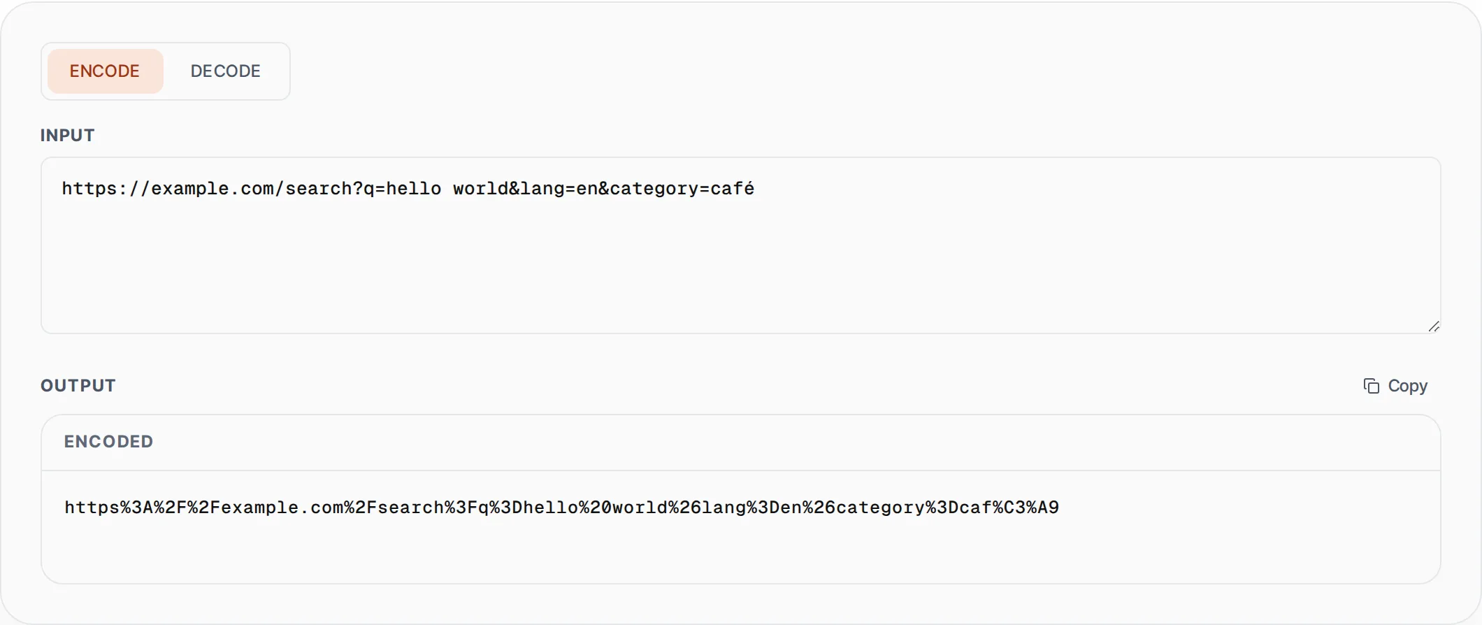 URL Encoder & Decoder showing a worked example — Encode special characters or decode percent-encoded URLs. Pure browser.