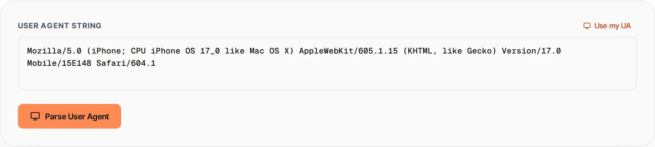 User Agent Parser showing a worked example — Parse any user agent string to extract browser, OS, device type and engine details.