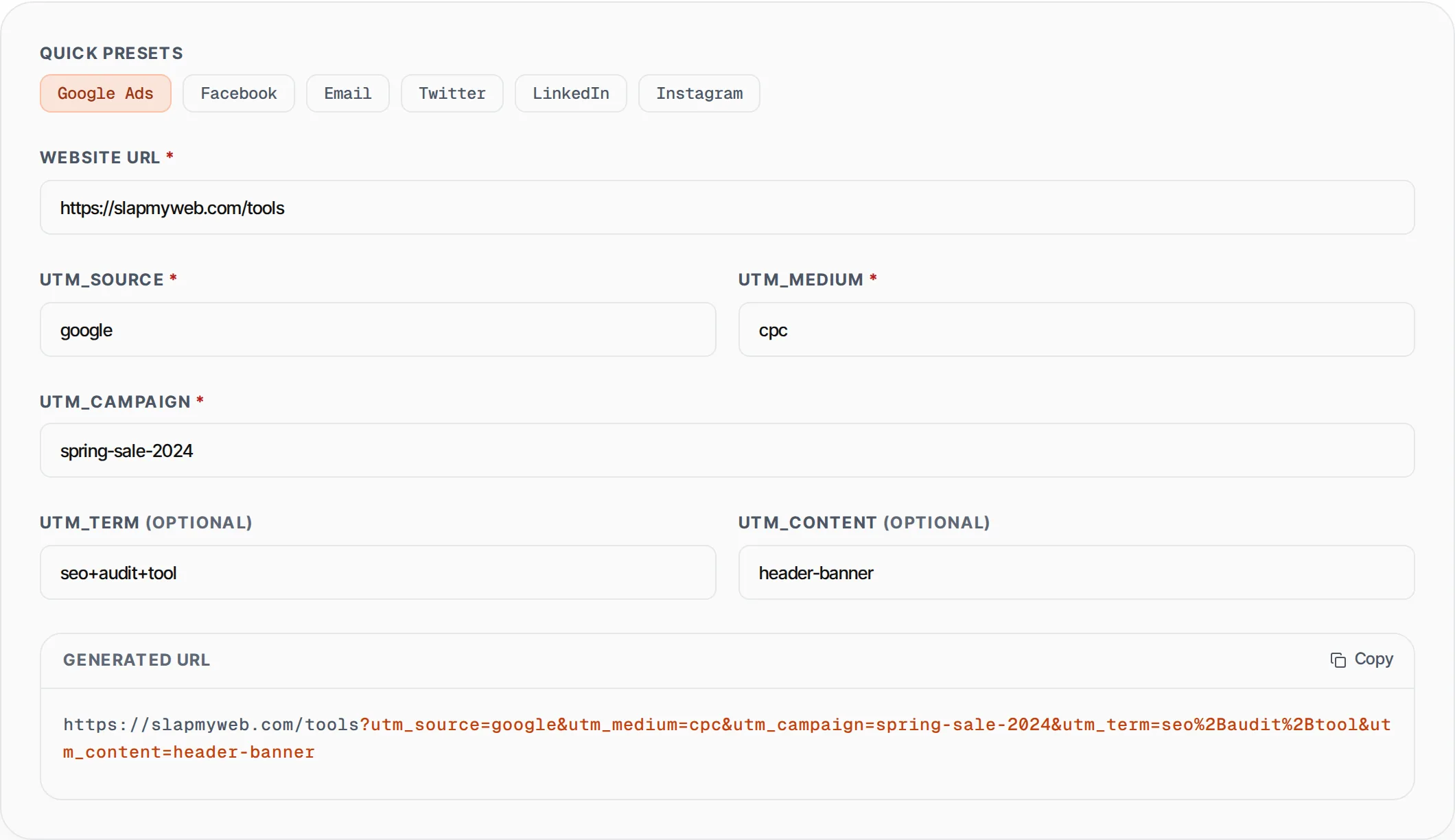 UTM Builder showing a worked example — Build UTM-tagged campaign URLs with presets for Google Ads, Facebook, email and more.