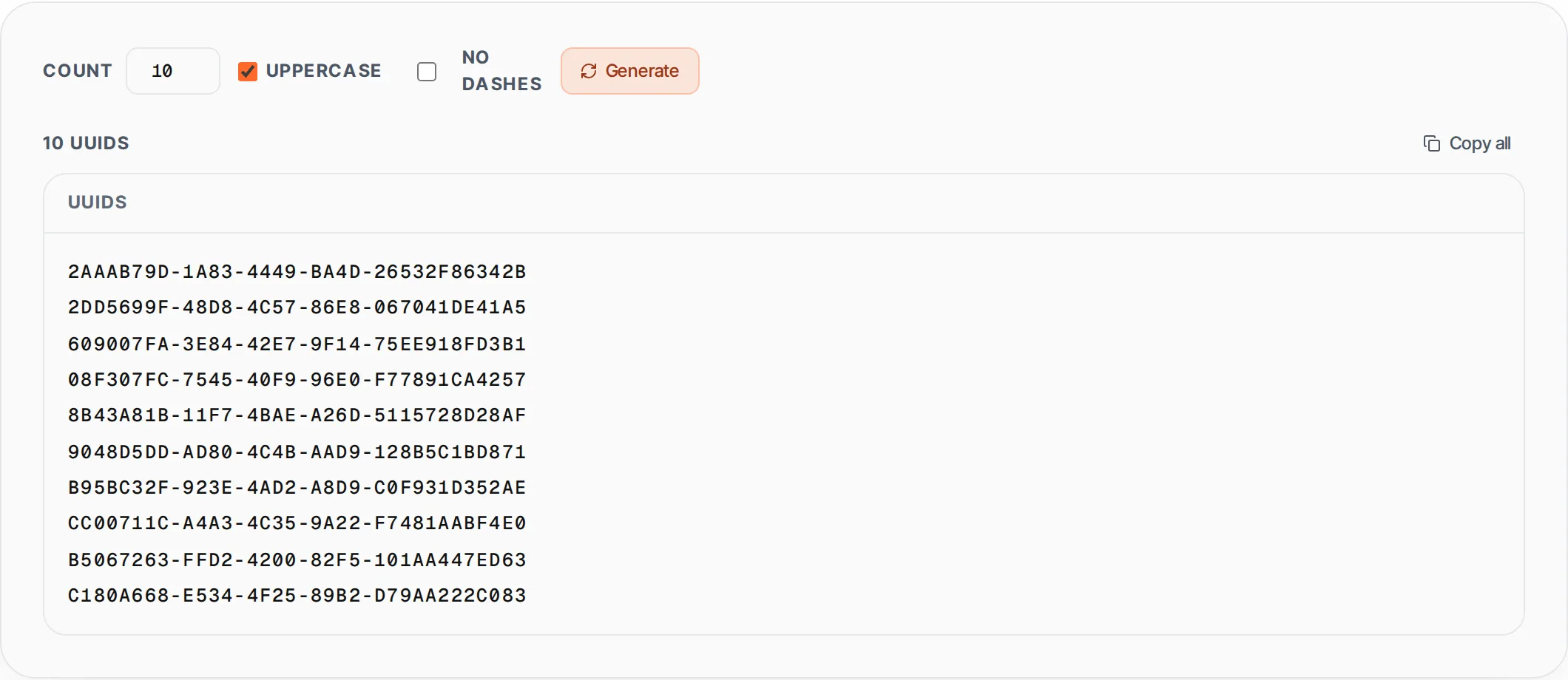 UUID Generator showing a worked example — Generate cryptographically random v4 UUIDs in bulk. Uppercase and no-dash options.