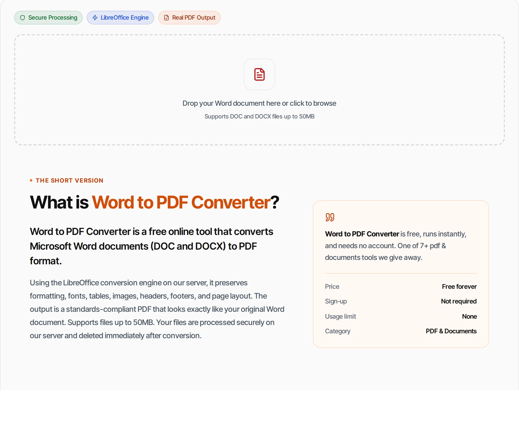 Word to PDF Converter showing a worked example — Convert DOCX and DOC files to PDF. Preserves formatting, fonts, tables and images.