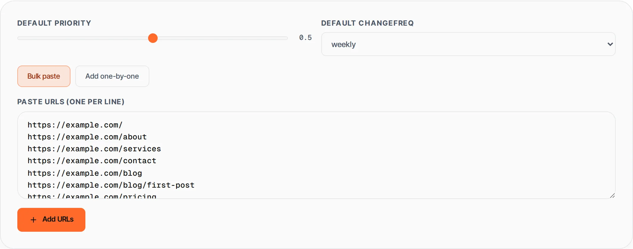 XML Sitemap Generator showing a worked example — Generate a valid XML sitemap from a list of URLs. Set priority, changefreq and lastmod per URL.