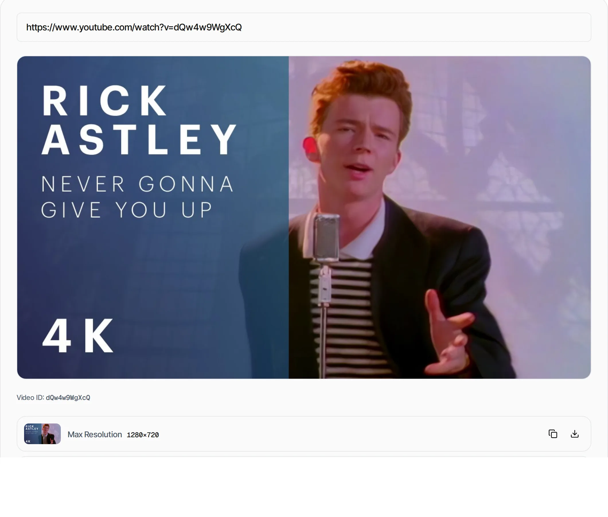 YouTube Thumbnail Downloader showing a worked example — Download YouTube video thumbnails in all resolutions — default, medium, high, standard and maxres.