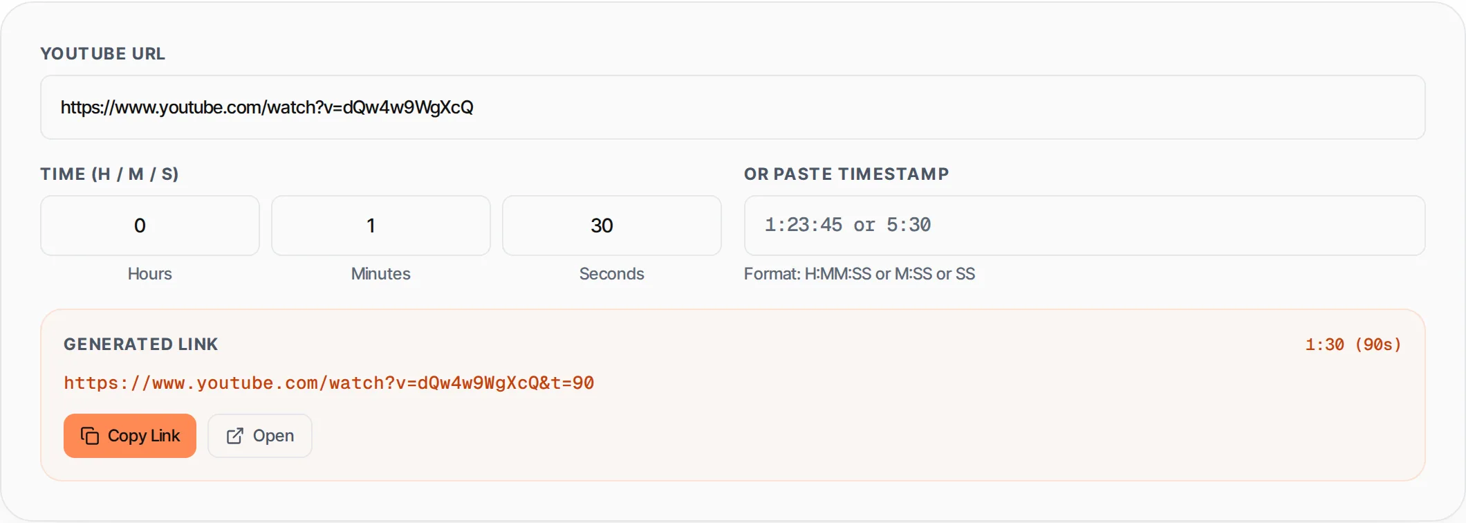 YouTube Timestamp Link Generator showing a worked example — Create shareable YouTube links that start at a specific time. Enter video URL and timestamp.