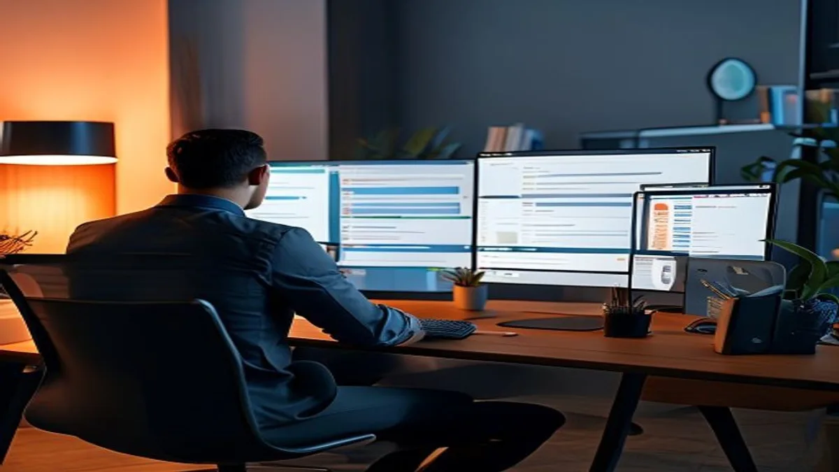 Marketer at a desk comparing a Google results page and a ChatGPT answer on two monitors