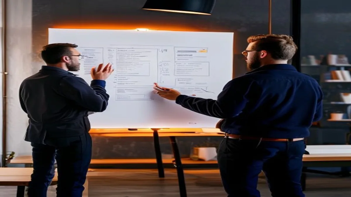 Two SEO specialists reviewing a content cluster map on a whiteboard in an office