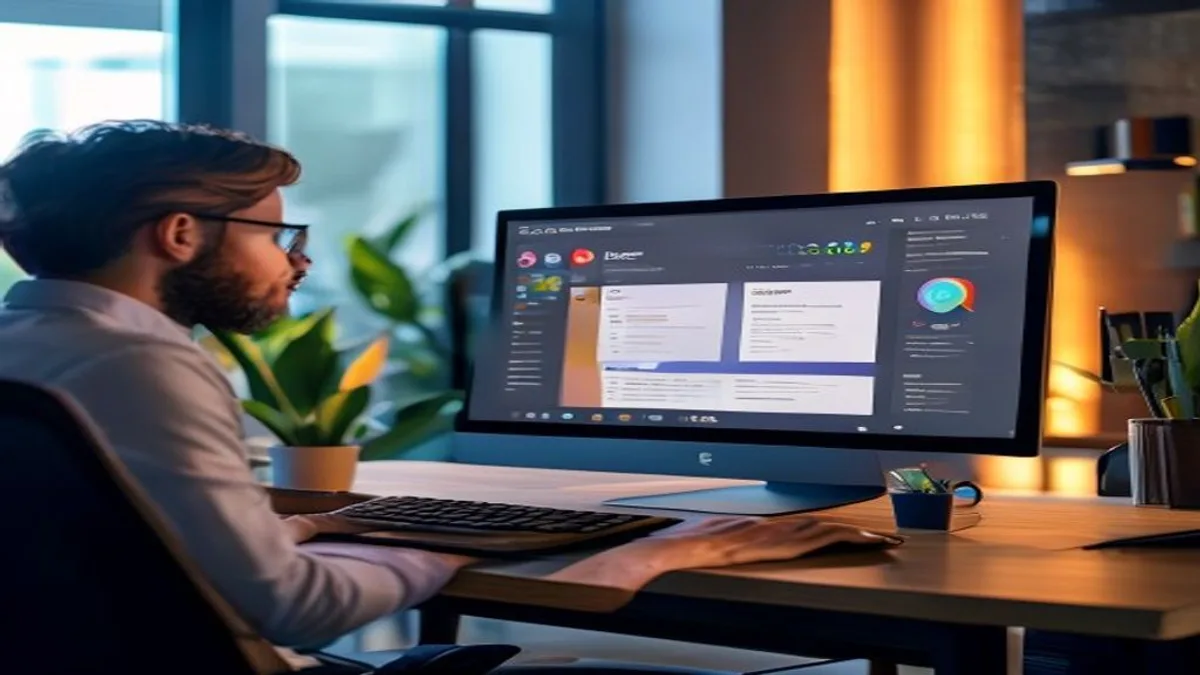 Marketer reviewing a Google AI Overview answer panel on a desktop monitor in an office