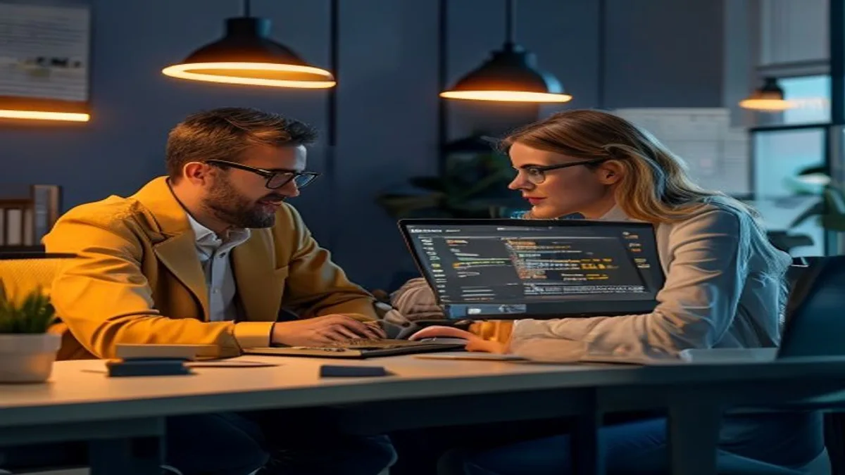 Two colleagues comparing structured data and search results on laptops at a desk