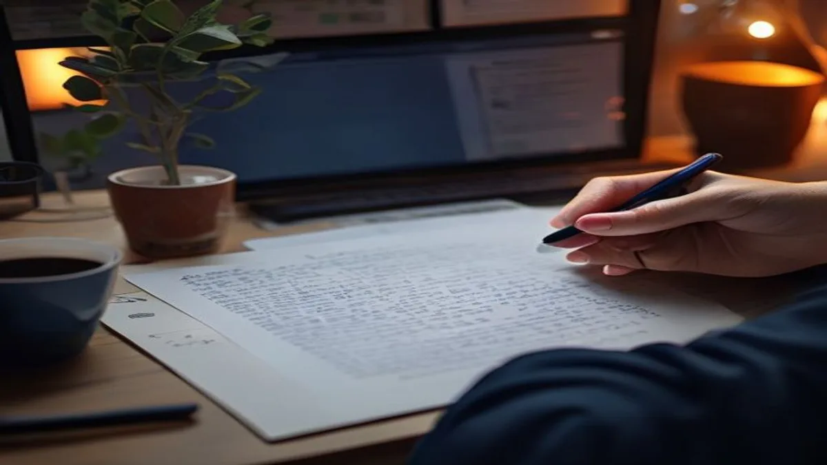 Editor proofreading a long-form article draft on screen with notes beside the keyboard