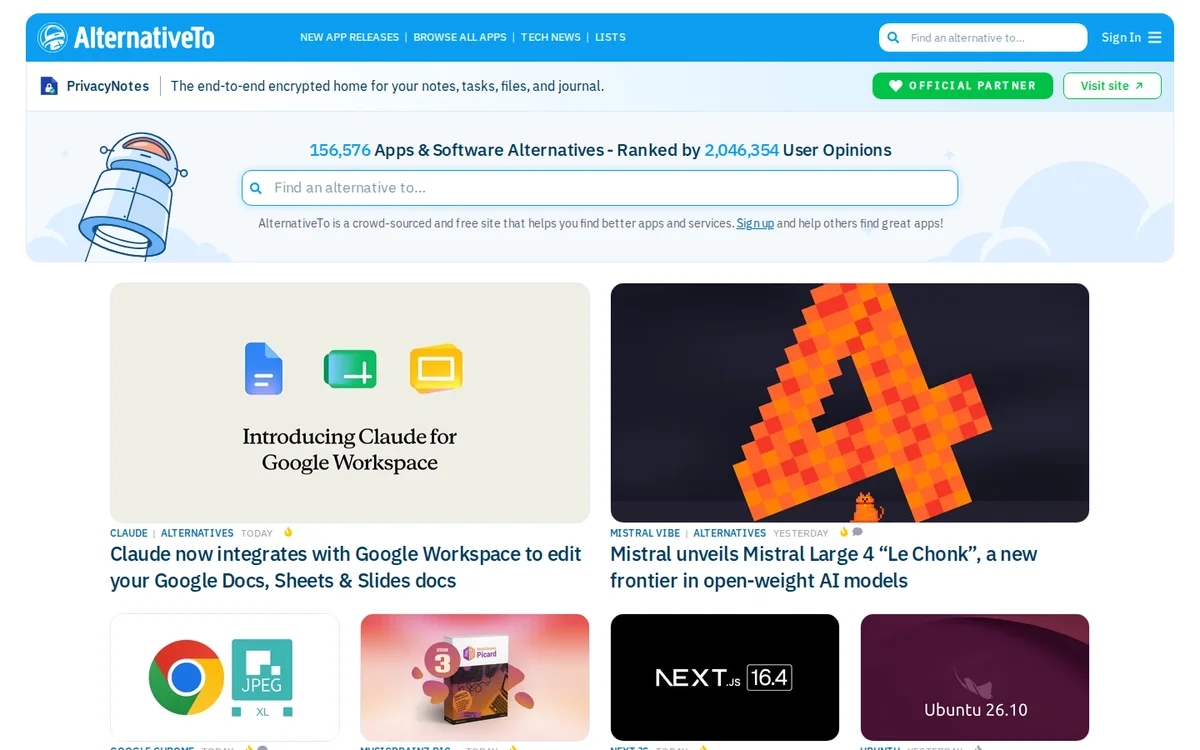 AlternativeTo homepage showing software alternatives ranked by user opinions (screenshot, October 2026)