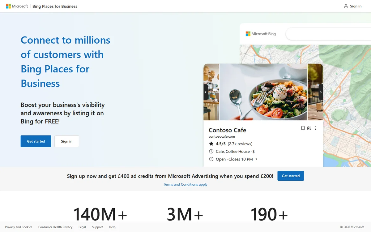 Bing Places for Business page for listing a business on Bing and Microsoft maps (screenshot, October 2026)